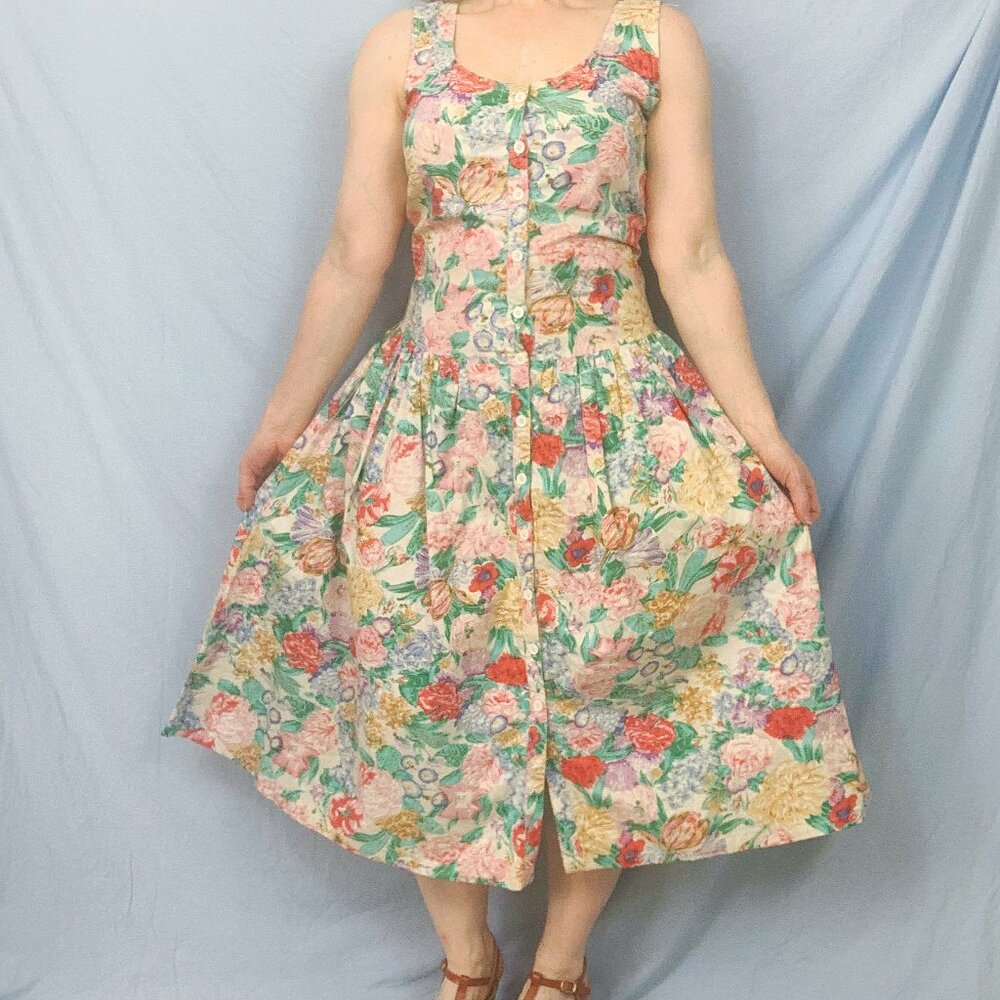 Vintage 90s Starina Cottage Core Beige Floral Dropwaist Sundress Size M